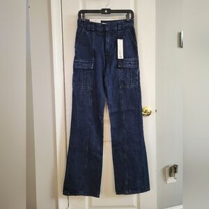 NWT Zara The Tailored Cargi Pant Slim Fit Flare Leg Mid Rise Dark Wash Size 0